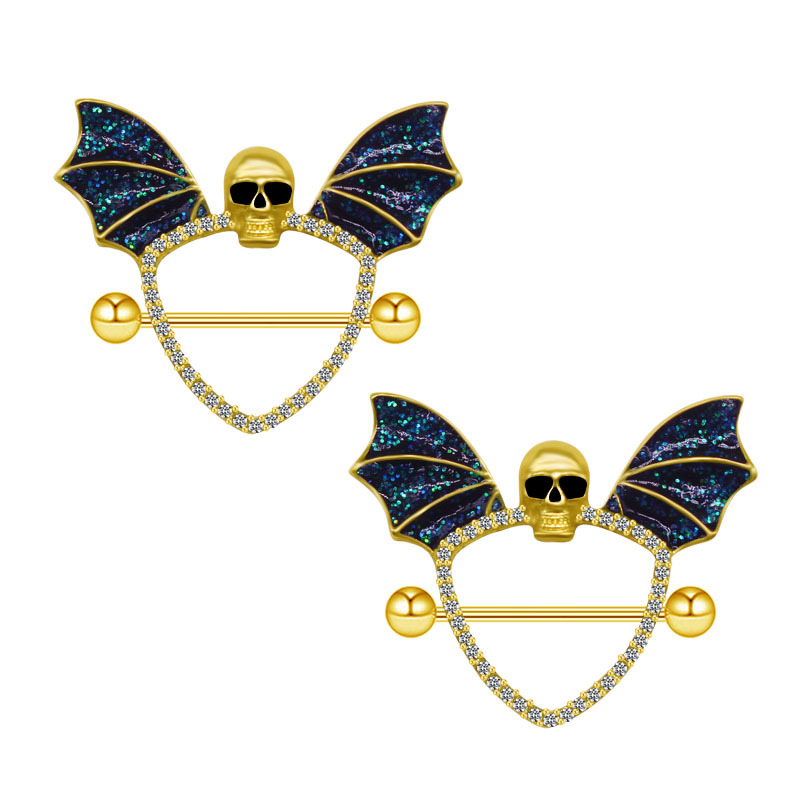 Body Piercing Quality Jewelry - Bling Skull Wing Bat Black Nipple